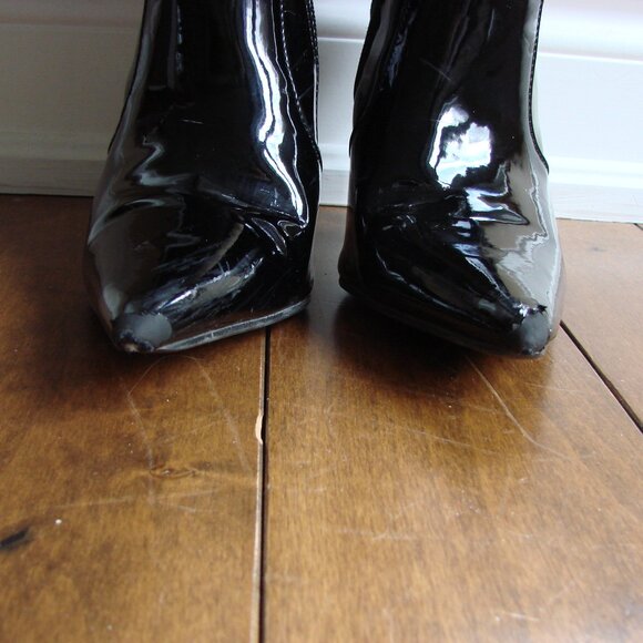 Aldo Black Pantent Leather Knee High Stiletto Boots Pointy Toe Size UK 5 US 7.5 - Picture 13 of 16